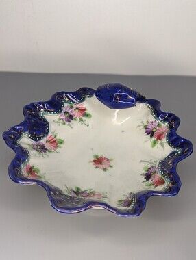 Vintage Japan Cobalt Blue Gold Porcelain Large Trinket Dish Floral Scalloped 70s